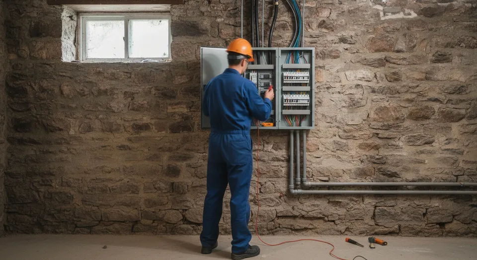 Electrician testing a newly installed breaker panel in the stone-walled basement of a century home in Galt, Cambridge, Ontario